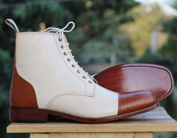 Handmade Brown & White Ankle high Cap toe Leather Boots - leathersguru