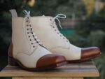 Handmade Brown & White Ankle high Cap toe Leather Boots - leathersguru