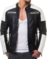 Stylish White & Black Real Leather Pocket Men's Jacket - leathersguru