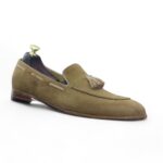 Beige Handmade Suede Loafer Tussle Stylish Party Shoes For Men's