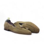 Beige Handmade Suede Loafer Tussle Stylish Party Shoes For Men's