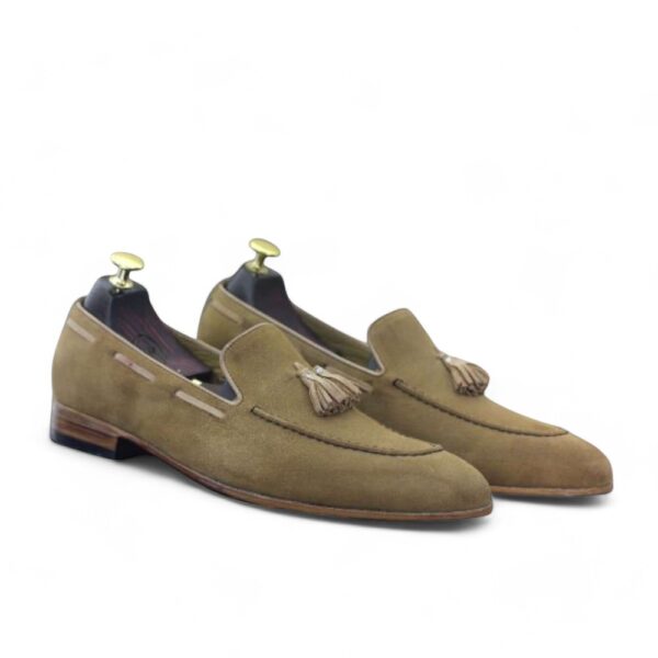 Beige Handmade Suede Loafer Tussle Stylish Party Shoes For Men's