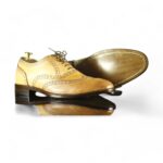 Beige Leather Men's Shoes,Wing Tip Brogue Style Shoes