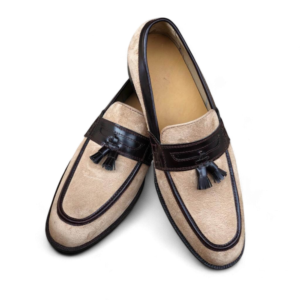 Bespoke Beige Brown Tussle Loafer Leather Shoe for Men - leathersguru