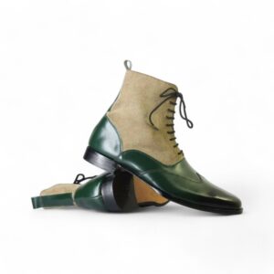 Bespoke Beige Green Wing Tip Lace Up Boots for Men - leathersguru