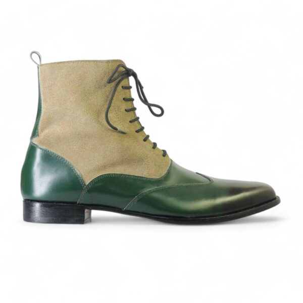 Bespoke Beige Green Wing Tip Lace Up Boots for Men - leathersguru