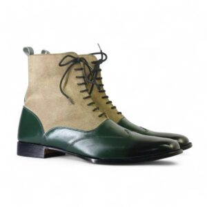 Bespoke Beige Green Wing Tip Lace Up Boots for Men - leathersguru