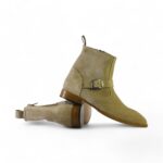 Bespoke Beige Suede Ankle Buckle Up Boots - leathersguru