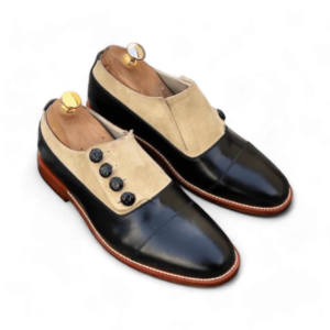 Bespoke Black Beige Loafer Leather Suede Button Top Shoe for Men - leathersguru