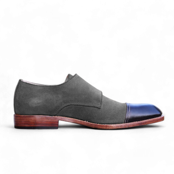 Bespoke Black Gray Leather Suede Monk Strap Shoes - leathersguru