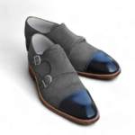 Bespoke Black Gray Leather Suede Monk Strap Shoes - leathersguru