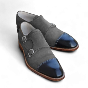 Bespoke Black Gray Leather Suede Monk Strap Shoes - leathersguru