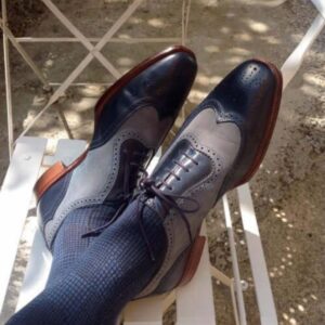 Bespoke Black Gray Leather Wing Tip Shoes - leathersguru