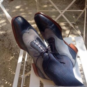 Bespoke Black Gray Leather Wing Tip Shoes - leathersguru