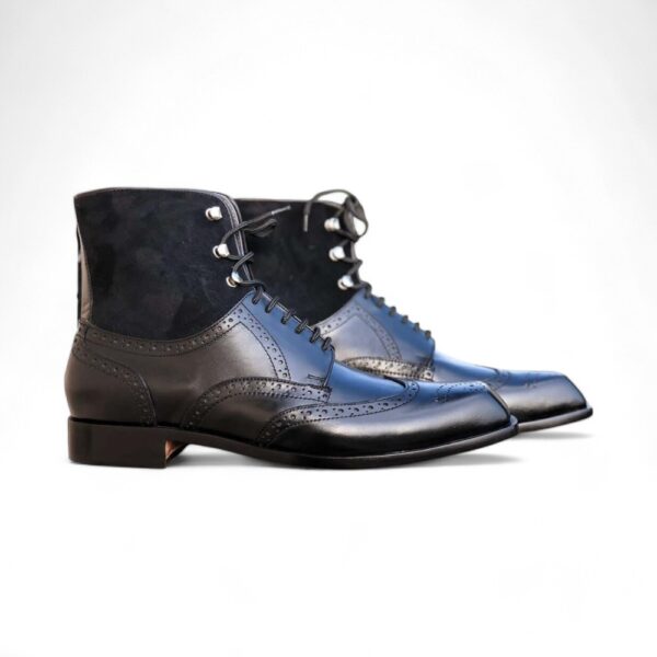 Bespoke Black Leather Suede Ankle Lace Up Wing Tip Boots