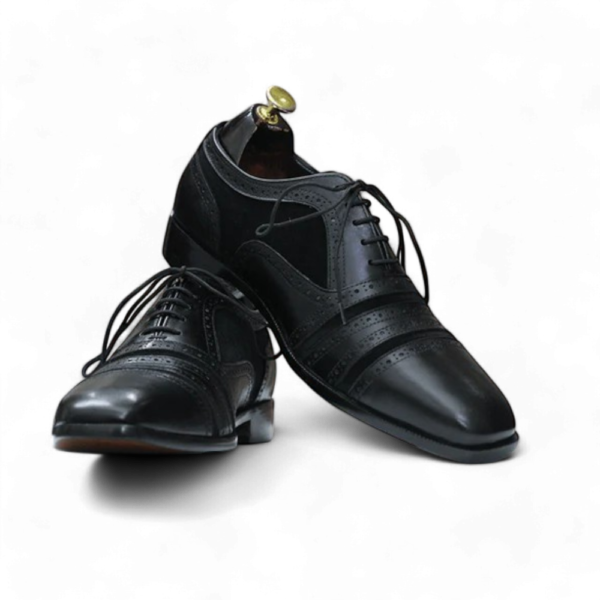 Bespoke Black Leather Suede Cap Toe Lace Up Shoes - leathersguru