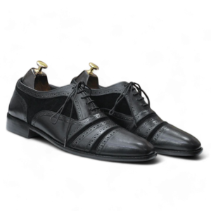 Bespoke Black Leather Suede Cap Toe Lace Up Shoes - leathersguru