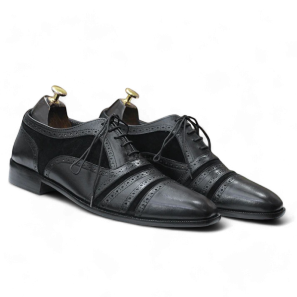 Bespoke Black Leather Suede Cap Toe Lace Up Shoes - leathersguru