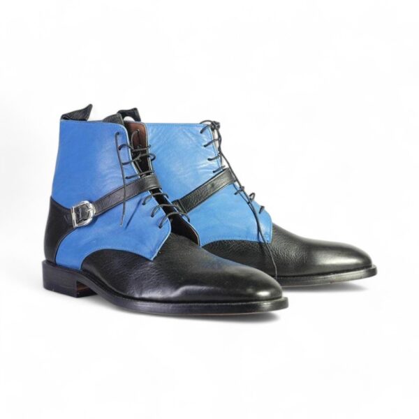 Bespoke Black Sky Blue Leather Ankle Buckle Up Boots - leathersguru