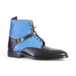 Bespoke Black Sky Blue Leather Ankle Buckle Up Boots - leathersguru