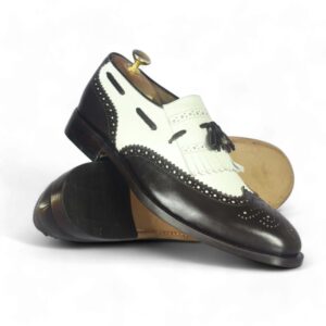 Bespoke Black White Wing Tip Fringe Shoes for Men's