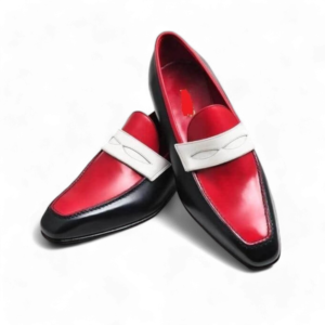 Bespoke Black and Red Leather White Penny Loafer Shoe for Men