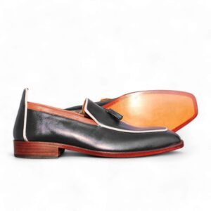 Bespoke Black(White) Leather Tussle Loafer for Men - leathersguru