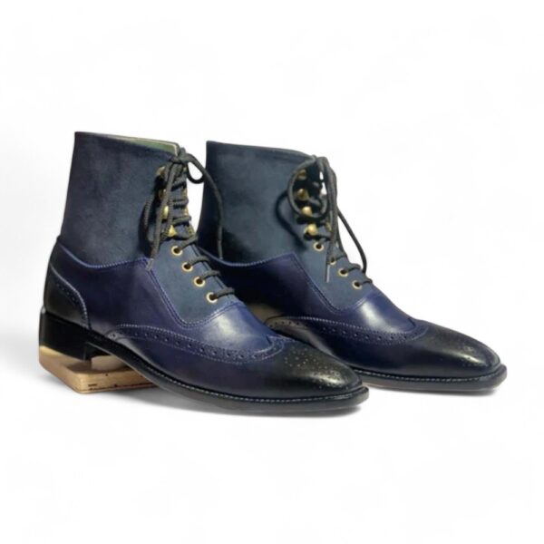 Bespoke Blue Ankle High Leather Suede Wing Tip Lace Up Boot, Men's Fashion Boot