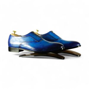 Bespoke Blue Leather Brogue Toe Zipper Shoes for Men - leathersguru