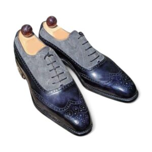 Handmade Men's Blue Gray Leather Suede Shoes, Formal Shoes