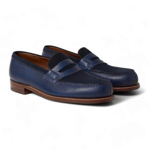 Bespoke Blue Leather Suede Penny Loafers Dress Shoes for Men