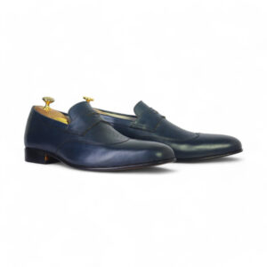 Bespoke Blue Leather Wing Tip Loafer for Men - leathersguru