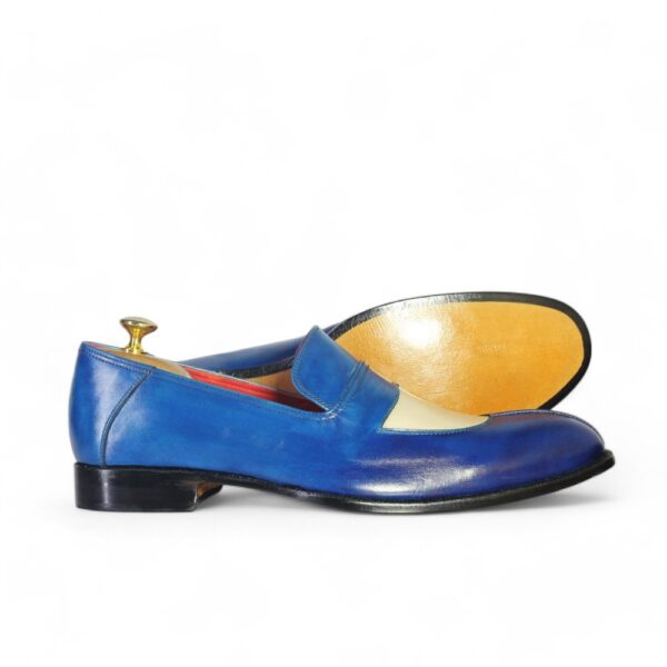 Bespoke Blue & White Leather Penny Loafer Shoe for Men - leathersguru