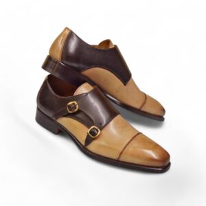 Bespoke Brown Beige Leather Monk Strap Shoe for Men - leathersguru