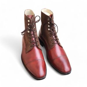 Bespoke Brown Burgundy Leather Suede Ankle Lace Up Boot - leathersguru