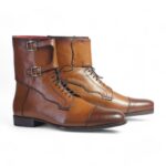 Bespoke Brown Leather Ankle High Monk Strap Lace Up Boots - leathersguru