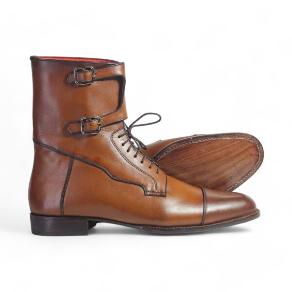 Bespoke Brown Leather Ankle High Monk Strap Lace Up Boots - leathersguru