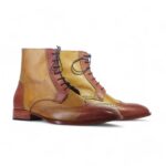 Bespoke Brown Tan Leather Ankle Wing Tip Lace Up Boots - leathersguru