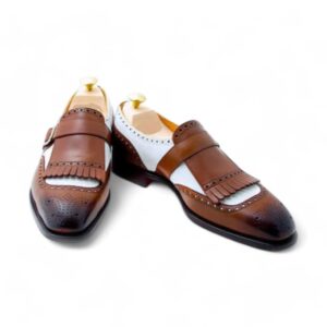 Bespoke Brown & White Leather Fringe Monk Strap Shoe for Men - leathersguru