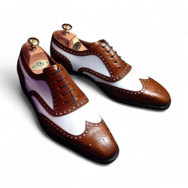 Bespoke Brown & White Leather Wing Tip Brogue Lace Up Shoe for Men - leathersguru