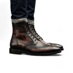 Bespoke Chocolate Brown Tweed Leather Wing Tip Ankle High Boots - leathersguru