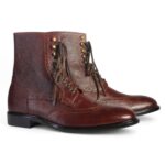 Bespoke Chocolate Brown Tweed Leather Wing Tip Lace Up Boots1-Photoroom