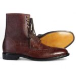 Bespoke Chocolate Brown Tweed Leather Wing Tip Lace Up Boots1-Photoroom