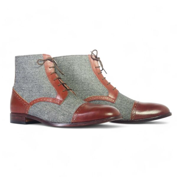 Bespoke Gray Brown Tweed Leather&Leather Ankle Cap Toe Lace Up Boots - leathersguru