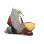 Bespoke Gray Brown Tweed Leather&Leather Ankle Cap Toe Lace Up Boots - leathersguru