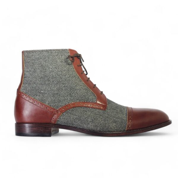 Bespoke Gray Brown Tweed Leather&Leather Ankle Cap Toe Lace Up Boots - leathersguru