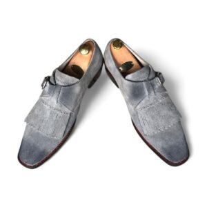 Bespoke Gray Leather Fringe Buckle Up Shoe for Men