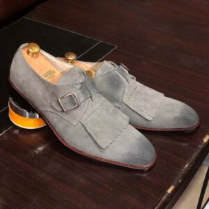 Bespoke Gray Leather Fringe Buckle Up Shoe for Men