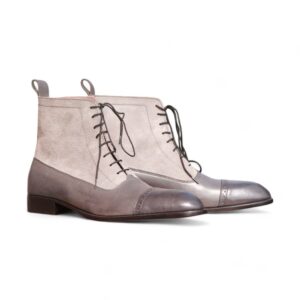 Bespoke Gray Leather&Suede Ankle Cap Toe Lace Up Boots - leathersguru