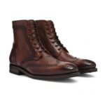 Bespoke Dark Brown Leather Wing Tip Ankle Lace Up Boots - leathersguru